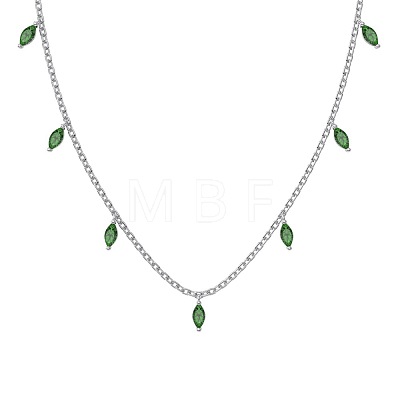 Rhodium Plated 925 Sterling Silver Pave Green Cubic Zirconia Cable Chain Horse Eye Tassel Necklaces for Women NJEW-Q342-13P-1