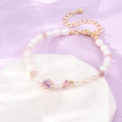 Natural Strawberry Quartz Chip and Rice Natural Pearl Beaded Bracelets GG-CBA3297-13G-C-1