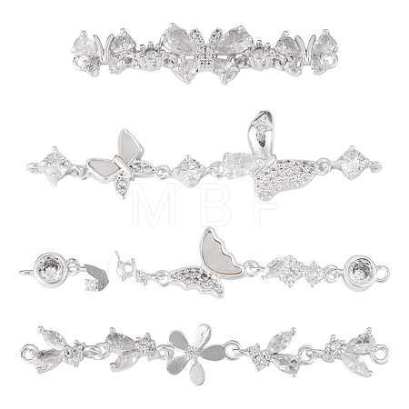 4Pcs 4 Styles Brass Pave Clear Cubic Zirconia Flower Butterfly Connector Charms KK-TA0008-72S-1