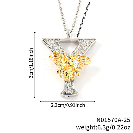 Brass Micro Pave Clear Cubic Zirconia Bee Initial Pendant Necklaces FS-WGF5E80-25-1