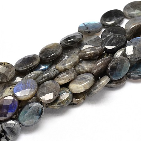 Flat Oval Natural Labradorite Bead Strands G-L357E-12-1