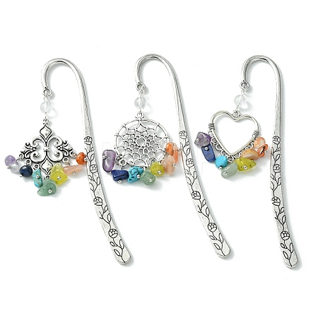 3Pcs 3 Style Fleur-de-lis/Woven Net/Heart Alloy Pendant Bookmark with Chakra Gemstone Chips AJEW-TA00008-1
