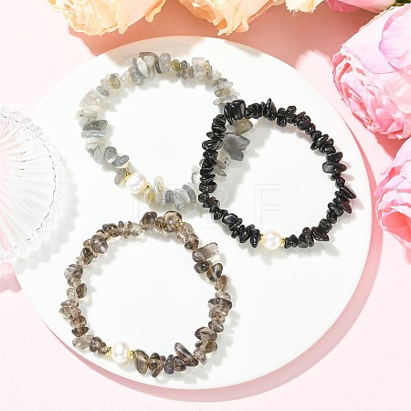 3Pcs 3 Styles Natural Mixed Gemstone Chip & Cultured Freshwater Pearl Beaded Stretch Bracelets Set for Women BJEW-JB13762-09-1