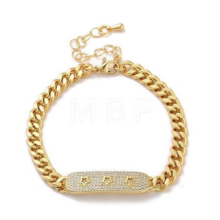 Brass Micro Pave Clear Cubic Zirconia Curved Rectangle with Hollow Star Cuban Link Chains Bracelets for Women BJEW-M322-03G-B-1