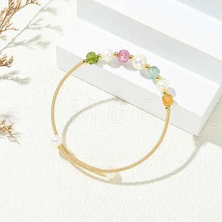 Copper French Wire & Round Natural Multicolor Tourmaline & Cultured Freshwater Pearl Cuff Bangle for Women BJEW-JB13991-1