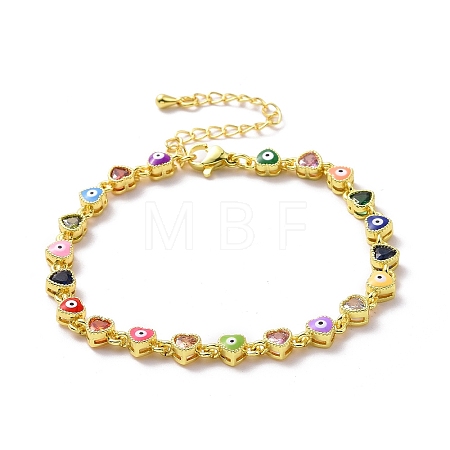 Enamel Evil Eye & Cubic Zirconia Heart Link Chain Bracelet BJEW-H555-01C-1