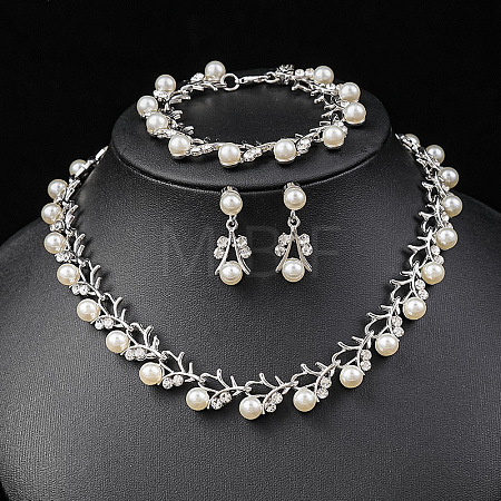 Alloy Rhinestone & Plastic Imitation Pearl Leaf Link Chain Necklaces & Stud Dangle Earrings & Link Bracelets Sets WG65A67-03-1
