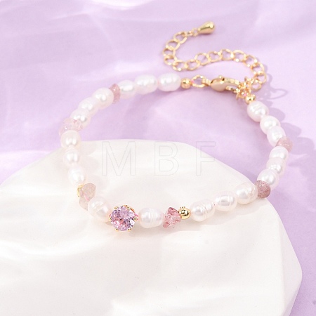 Natural Strawberry Quartz Chip and Rice Natural Pearl Beaded Bracelets GG-CBA3297-13G-C-1