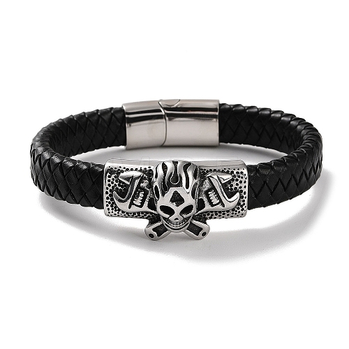 Men's Braided Black PU Leather Cord Bracelets BJEW-K243-16AS-1