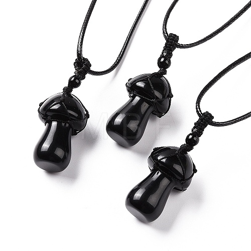 Natural Obsidian Mushroom Pendant Necklace NJEW-E065-01E-1
