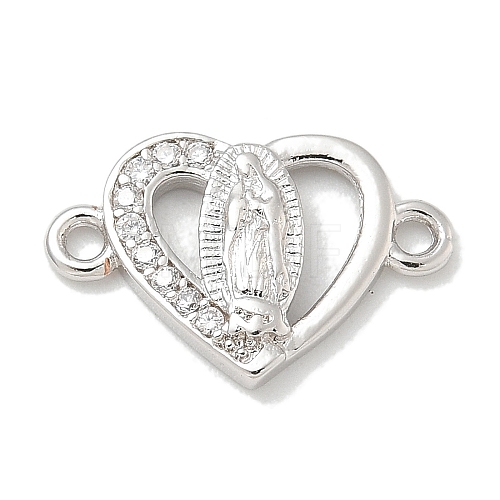 Rack Plating Brass Micro Pave Clear Cubic Zirconia Religion Heart Virgin Mary Connector Charms KK-L224-099P-02-1