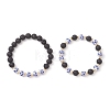2Pcs Handmade Flower Printed Porcelain Ceramic & Natural Lava Rock Beads Stretch Bracelets for Women BJEW-JB13016-2