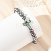 Dyed Natural Cultured Freshwater Pearl Round Beaded Bracelets with Religion Cross Natural Paua Shell for Women BJEW-JB14274-2
