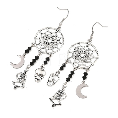 Halloween 304 Stainless Steel & Alloy & Glass Skull & Skeleton & Moon Dangle Earrings EJEW-TA00831-1