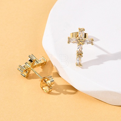 Brass Micro Pave Clear Cubic Zirconia Cross Stud Earrings EJEW-K267-41G-1