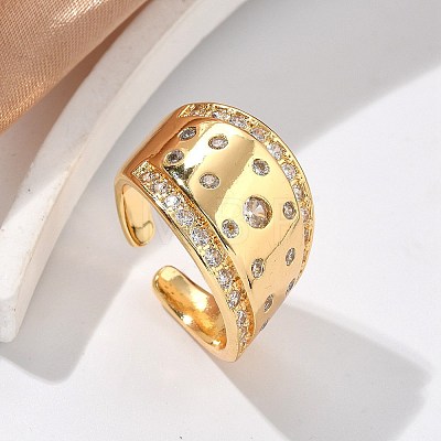 Brass Micro Pave Clear Cubic Zirconia Cuff Rings for Women RJEW-U041-07G-1