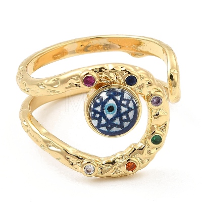 Resin Evil Eye Open Cuff Ring with Cubic Zirconia RJEW-E069-02G-03-1
