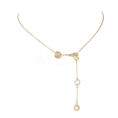 Brass Micro Pave Clear Cubic Zirconia Column Bead and Love Disc Pendant Cable Chain Necklaces NJEW-JN05768-1