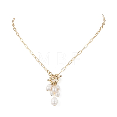 Natural Pearl Rice Beads Tassel Pendant OT Necklaces with Brass Paperclip Chains NJEW-JN05941-1