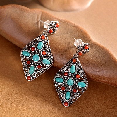 Synthetic Turquoise Dangle Stud Earrings EJEW-C178-06B-1