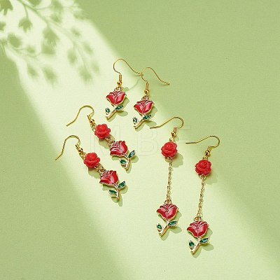 3 Pairs 3 Style Red Alloy Enamel Charms & Rose Beaded Dangle Earrings EJEW-JE05031-04-1