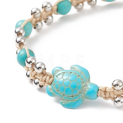 Synthetic Turquoise(Dyed) Tortoise & Brass Round Braided Bead Bracelet BJEW-TA00189-01-1