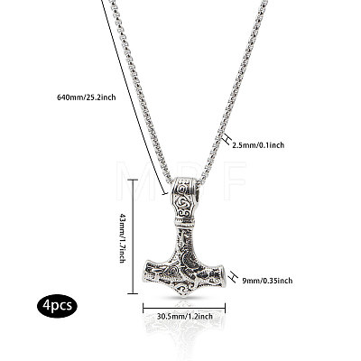 4Pcs Titanium Steel Norse Viking Hammer Pendant Necklace with Box Chains for Men NJEW-CA0001-14-1
