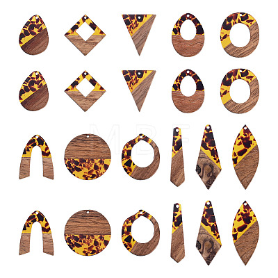 22Pcs 11 Styles Transparwnt Resin & Walnut Wood Pendants RESI-TA0005-75-1
