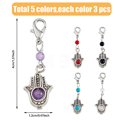 Round Gemstone & Alloy Hamsa Hand Pendant Decoration HJEW-AB00357-1