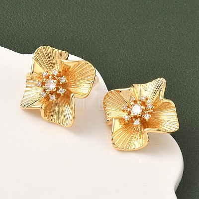 Brass Micro Pave Clear Cubic Zirconia Flower Stud Earrings EJEW-D337-04G-1