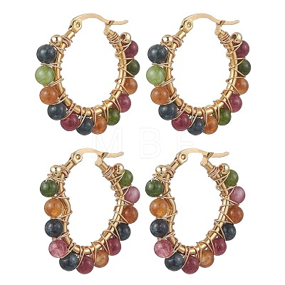 2 Pairs 2 Styles Natural Green Jade Imitation Tourmaline Beaded Hoop Earrings EJEW-JE06943-1