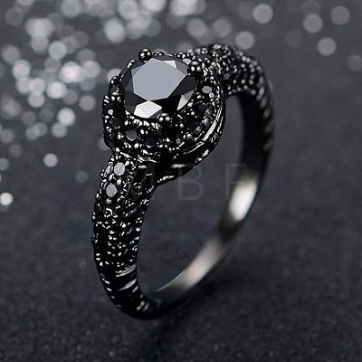 Flat Round Brass Jet Rhinestone Finger Rings FS-WG232E0-03-1