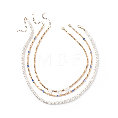 3Pcs 3 Style Shell Pearl & Seed & Lampwork Evil Eye Beaded Necklaces Set NJEW-JN04048-1