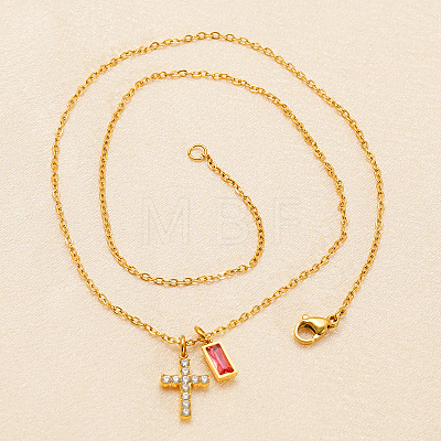 304 Stainless Steel Pave Cubic Zirconia July Birth Stone Religion Cross and Rectangle Pendant Necklaces WG51992-03-1