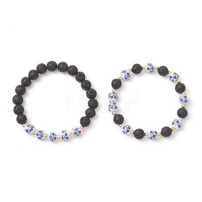 2Pcs Handmade Flower Printed Porcelain Ceramic & Natural Lava Rock Beads Stretch Bracelets for Women BJEW-JB13016-1