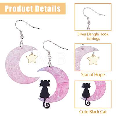 FIBLOOM 9 Sets 9 Colors Moon & Star & Cat Resin Asymmetrical Earrings EJEW-FI0002-35-1