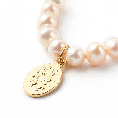 Oval with Virgin Mary & Natural Pearl Beads Pendant Necklaces NJEW-JN03625-01-1
