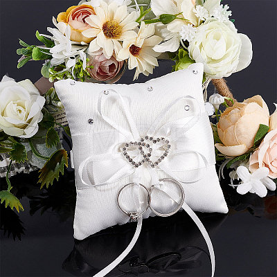 Tribute Silk Wedding Ring Pillow with Polyester Ribbon and Alloy Heart DIY-WH0325-48A-1