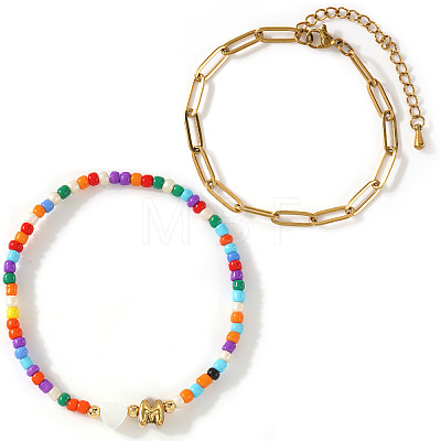 2Pcs 2 Styles Glass Seed Beads & Natural Shell & 304 Stainless Steel Beads Stretch Bracelest & Brass Paperclip Chain Bracelets Set for Women GY4605-13-1