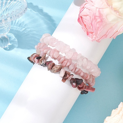 3Pcs Natural Rose Quartz & Natural Rhodonite & Natural Pink Opal Chip Beaded Stretch Bracelet Sets BJEW-JB10858-1