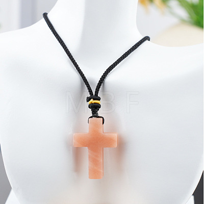 Natural Pink Aventurine Cross Pendant Black Cotton Cord Necklaces FS-WG3ED65-11-1
