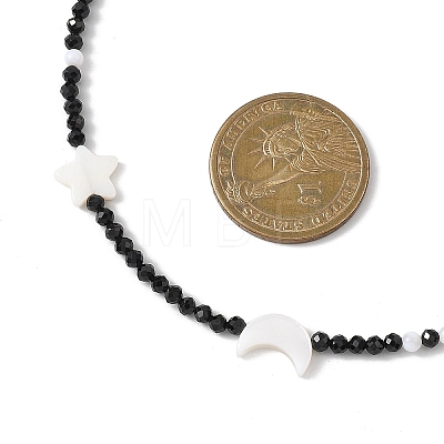 Natural Freshwater Shell Moon Star and Faceted Round Natural Black Spinel Beaded Necklaces for Women NJEW-JN05669-1