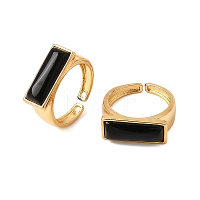 Brass with Natural Black Agate Cuff Open Rings for Women GG-CBA0B5A-04G-09-1