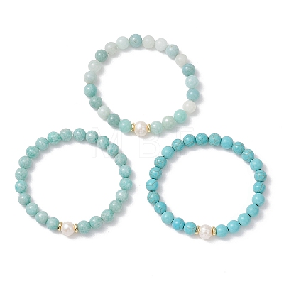 3Pcs Round Natural Amazonite & Synthetic Turquoise & Pearl Beaded Stackable Stretch Bracelets Sets BJEW-JB12991-1