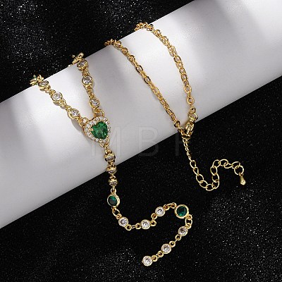 Brass Pave Cubic Zirconia Heart Pendant Y Tassel Necklaces for Women NJEW-A071-01G-05-1