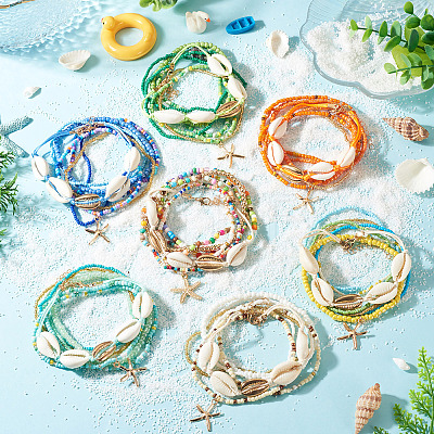 2 Bags Summer Beach Glass Seed Beaded & Natural Shell & Alloy Starfish Charm Anklet Sets AJEW-TA0003-69C-1