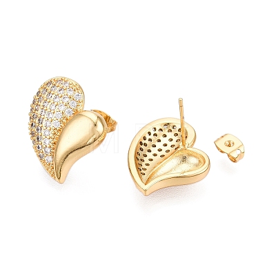 Left and Right Heart Brass Pave Clear Cubic Zirconia Stud Earrings EJEW-M258-040G-1