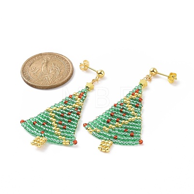 Glass Seed Braided Christmas Tree Dangle Stud Earrings EJEW-MZ00027-1
