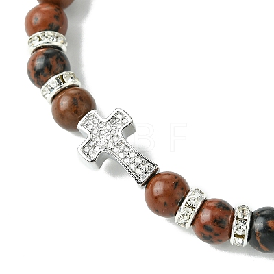 Cross Brass Micro Pave Clear Cubic Zirconia & 6mm Round Natural Mahogany Obsidian Beaded Stretch Bracelets for Women BJEW-JB10819-01-1