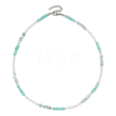 Faceted Round Natural Larimar and Pearl Beaded Necklaces NJEW-JN06409-01-1